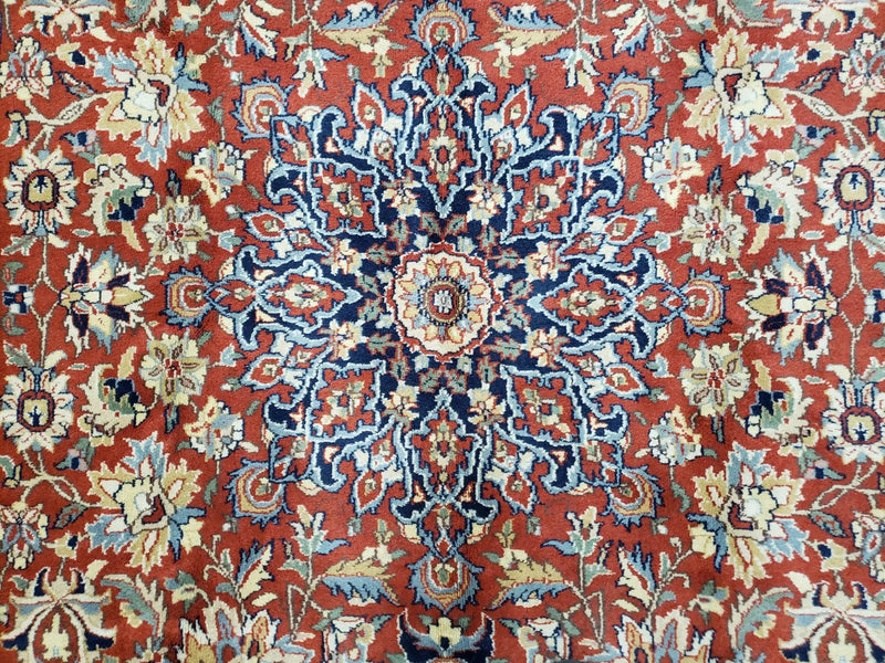 Vintage Indo Persian Oriental Rug 6 x 9.6, Wool Hand-Knotted Red Dark Blue & Gold Indian Carpet, 6 x 9 Office Room Rug, Floral Medallion by Jewel Rugs
