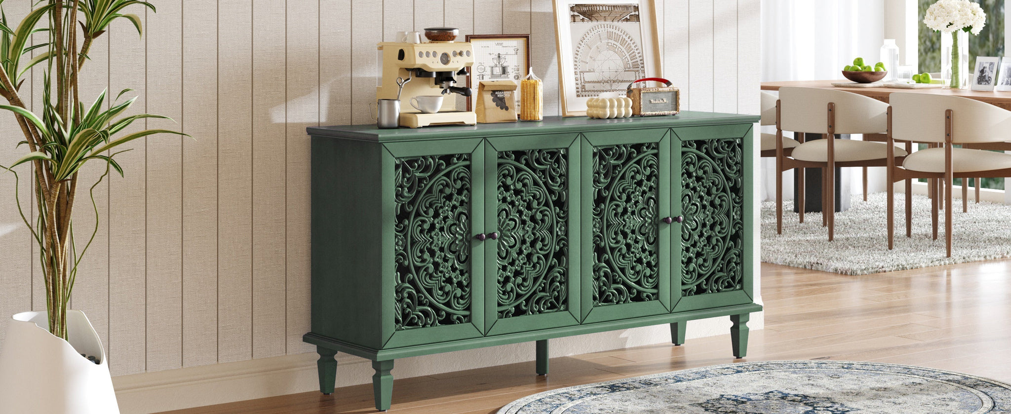 60' Antique Buffet Cabinet with Floral Carvings by HouseOfZazla