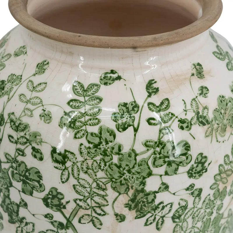 7.7x7.7x14.6' White Ceramic Flower Vase with Green Floral Pattern by HouseOfZazla
