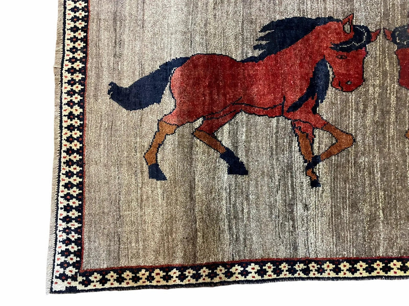 4 X 7 Handmade Hand-Knotted Quality Wool Rug Pictorial Horses Veggie Dyes Tribal by Jewel Rugs