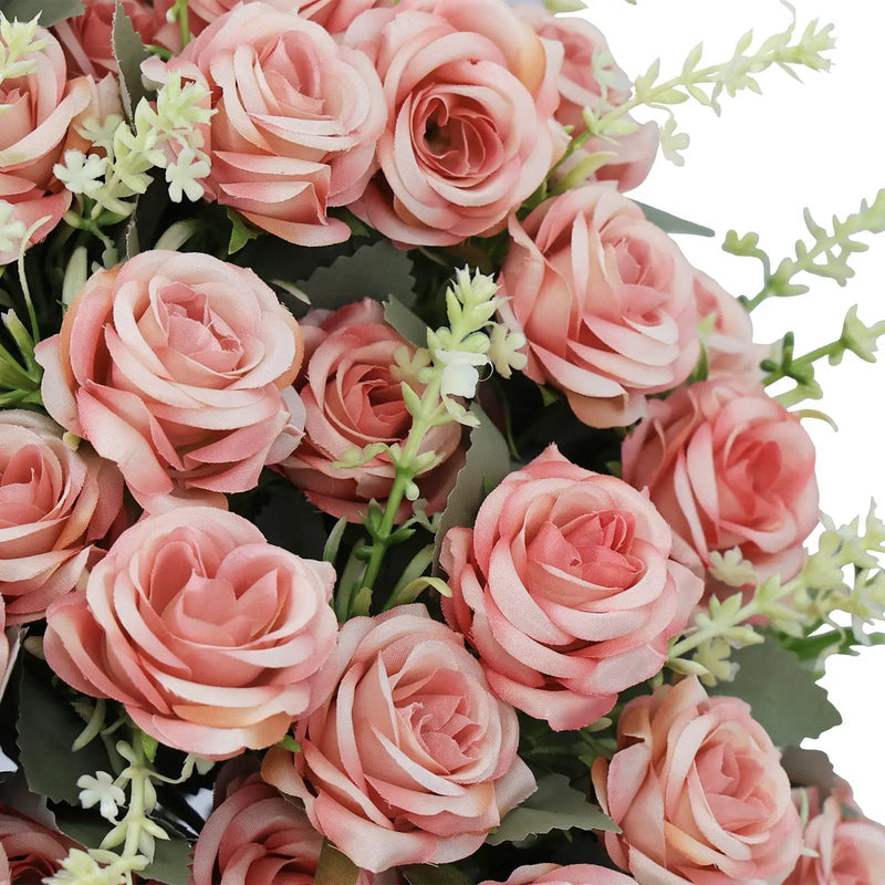 Artificial Rose Decoration With UV Resistant Silk Petals, Durable Stems In Cement Pot, Indoor Outdoor Potted Floral Arrangement - Green / Pink by Unique Piece Furniture