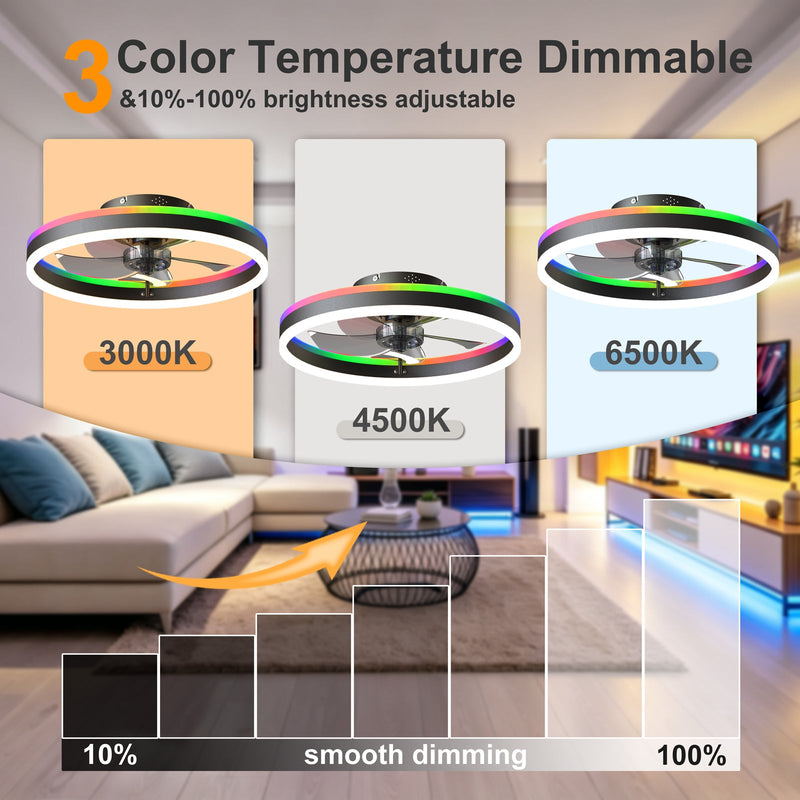 19.7" RGB Flush Mount Ceiling Fan with Light for Bedroom by HouseOfZazla