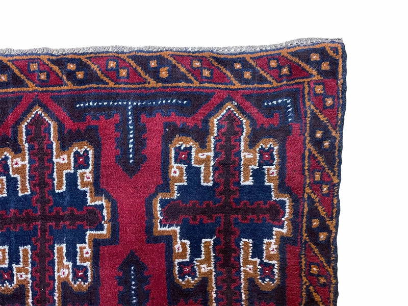 2' 7" X 4' 6" Vintage Handmade Tribal Wool Rug Balouchi Rug Afghan Rug Red Blue by Jewel Rugs