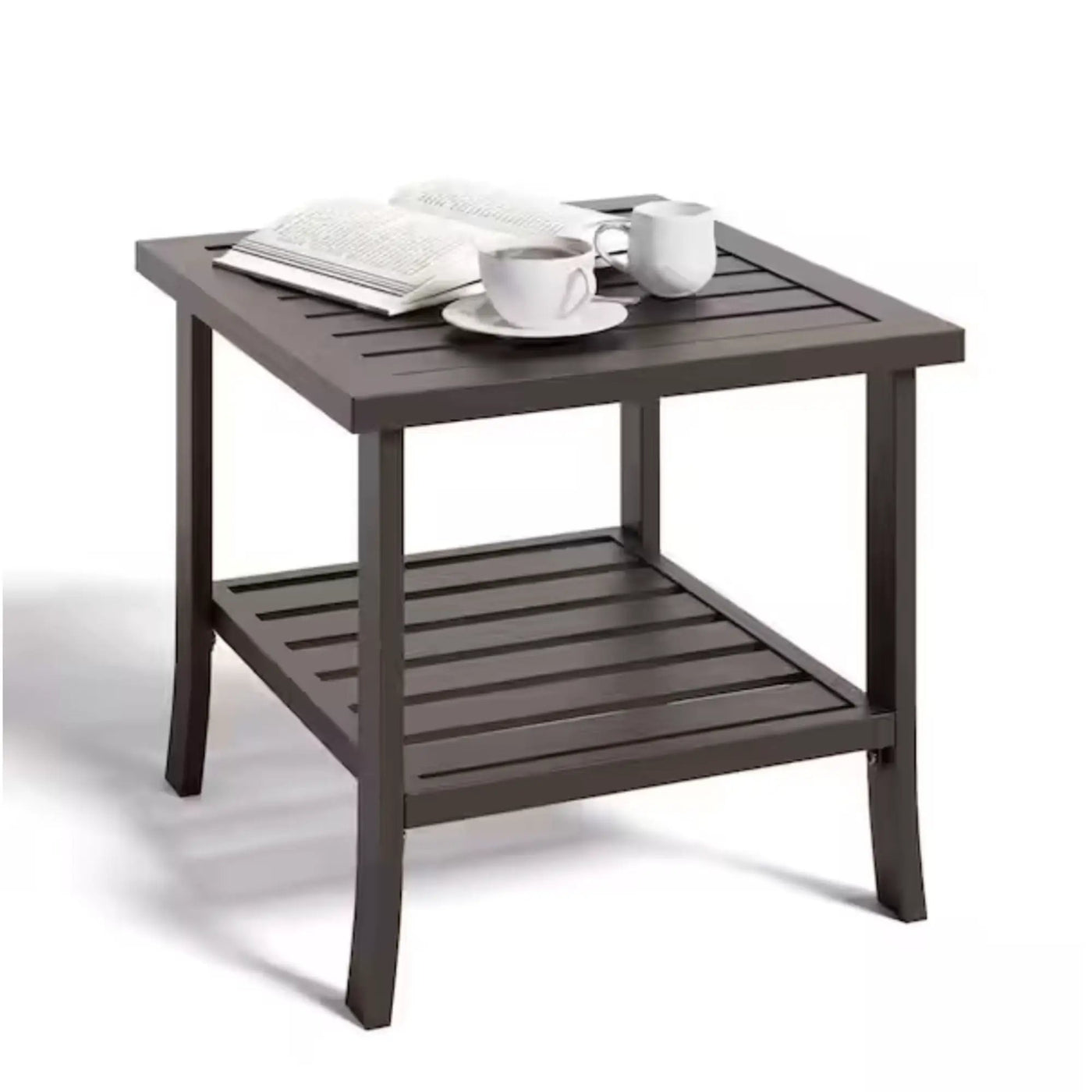 Square 2 Tier All-Weather Outdoor Side Table With Slatted Top by HouseOfZazla