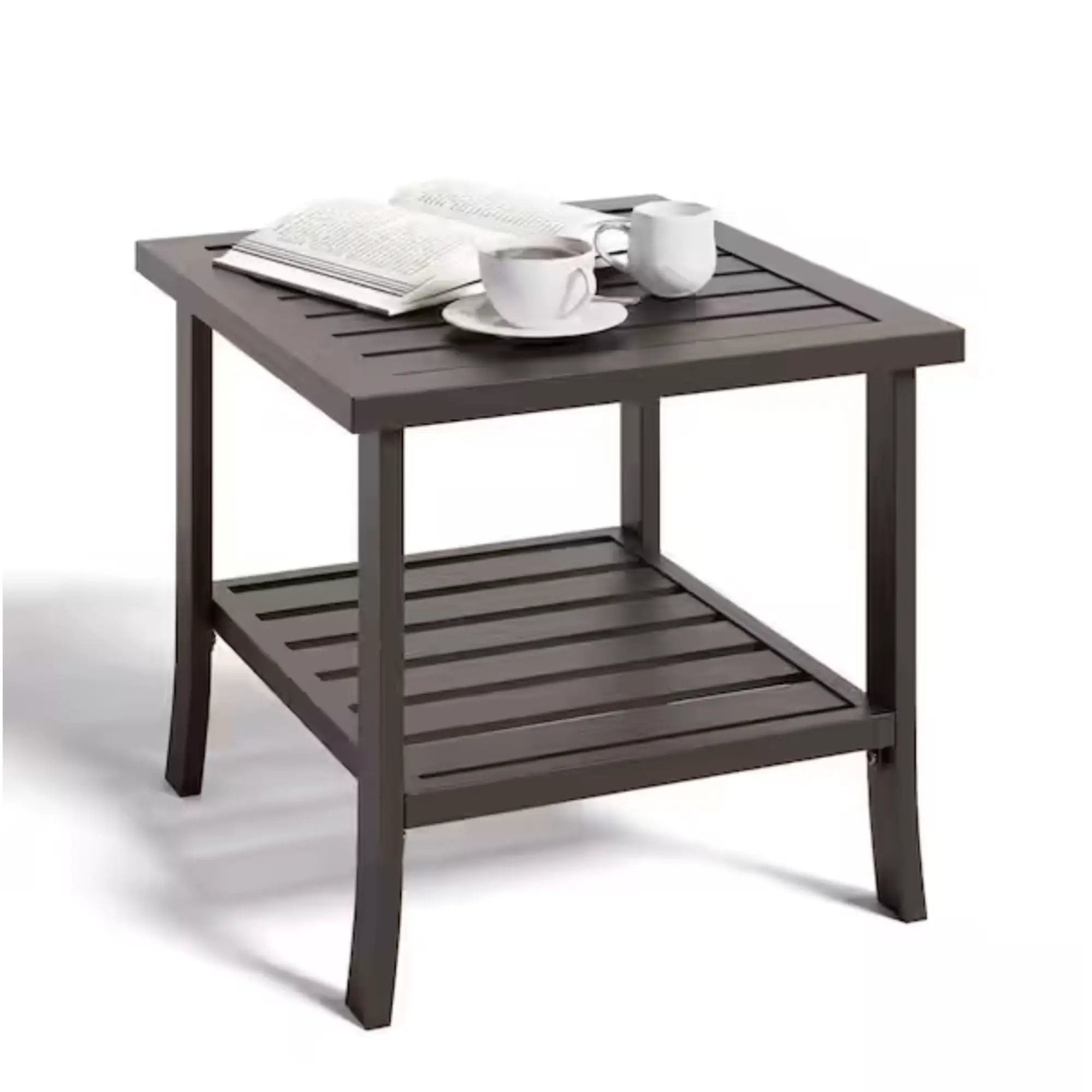 Square 2 Tier All-Weather Outdoor Side Table With Slatted Top by HouseOfZazla