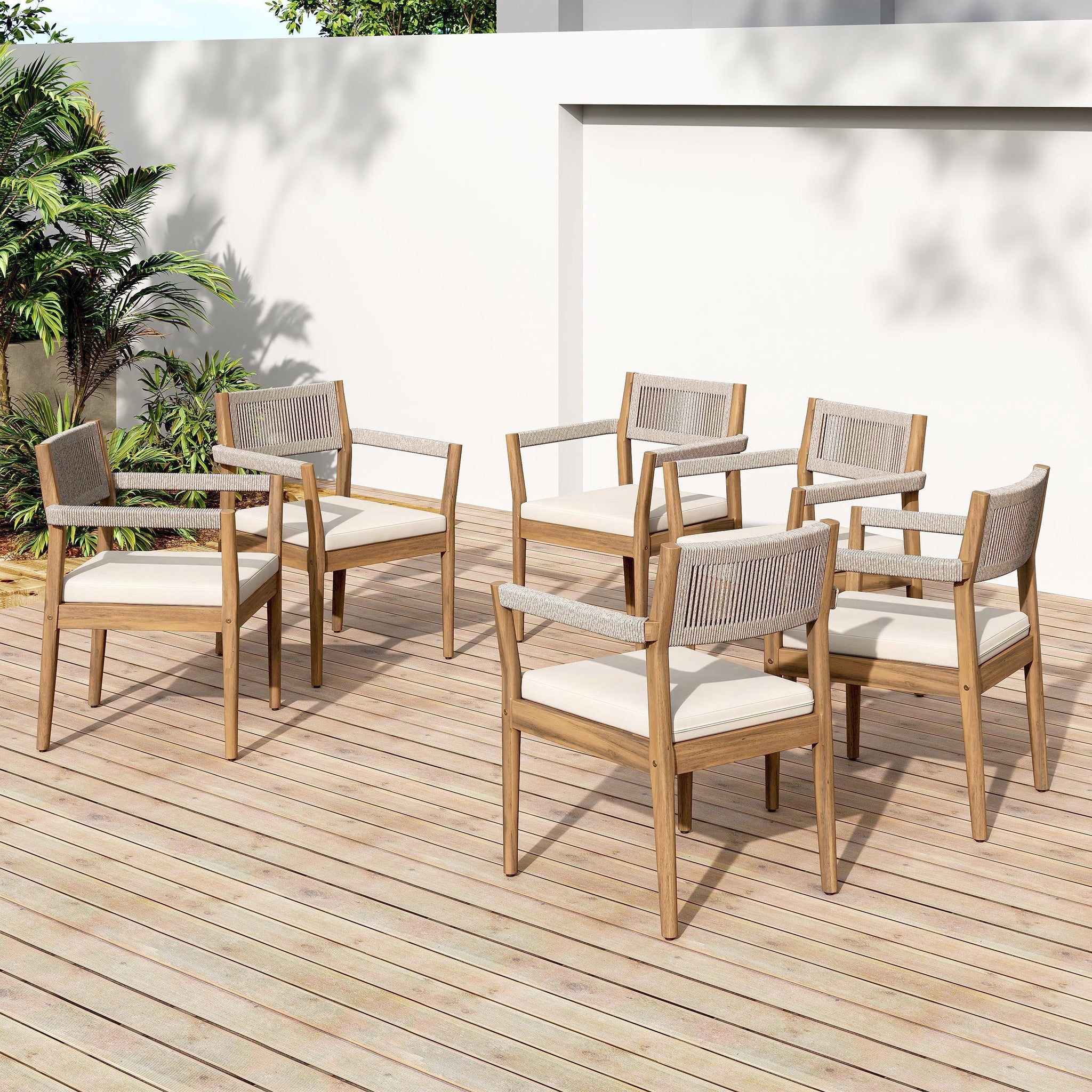 Braided Acacia Wood Outdoor Dining Chairs Set of 4 – Teak Look with Beige Rope & Cream Cushions by HouseOfZazla