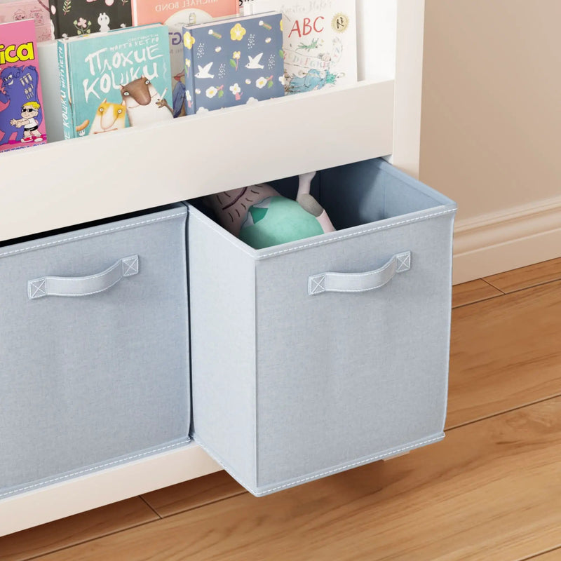 Bookshelf With 3 Tier Front Facing Storage And 3 Bins, Toddler Bookcase For Playroom - White by HouseOfZazla