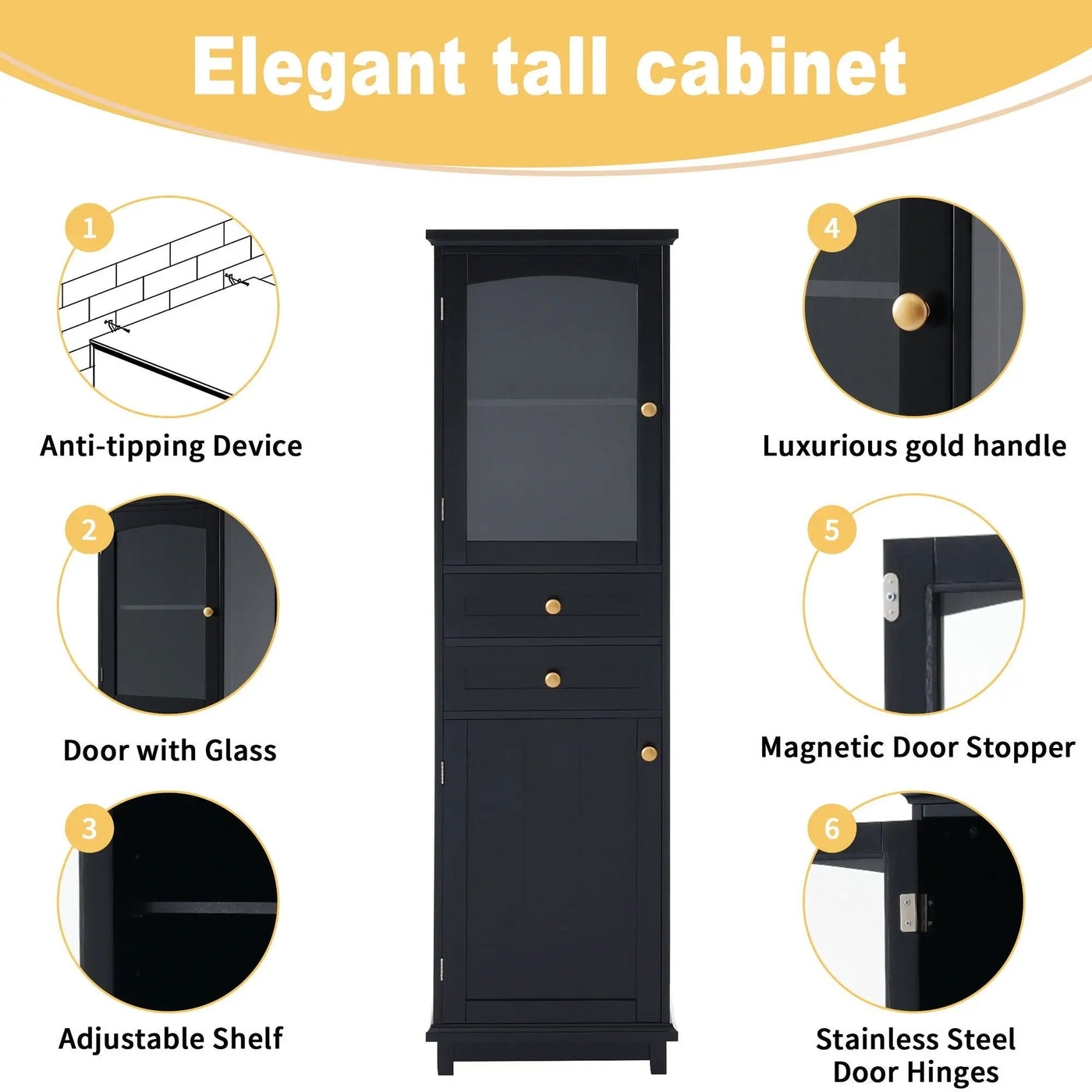 Tall Bathroom Storage Cabinet With Glass Doors, Free-Standing, Two Drawers, And Adjustable Shelves, Board, Painted Perfect For Displaying Your Favorite Items by Unique Piece Furniture