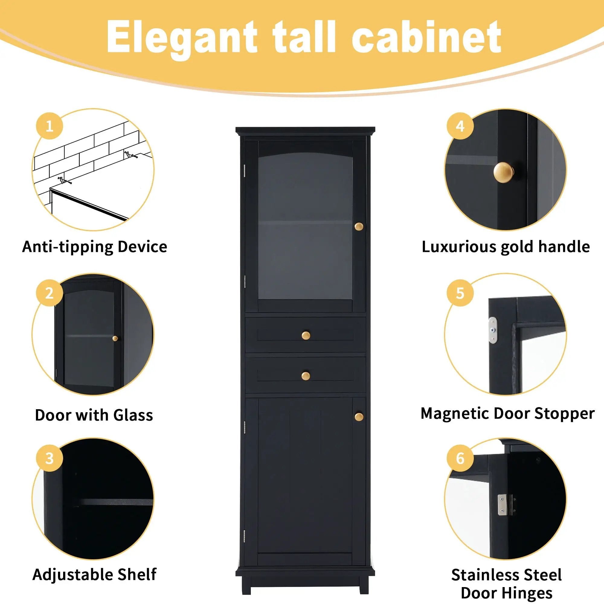 Tall Bathroom Storage Cabinet With Glass Doors, Free-Standing, Two Drawers, And Adjustable Shelves, Board, Painted Perfect For Displaying Your Favorite Items by Unique Piece Furniture