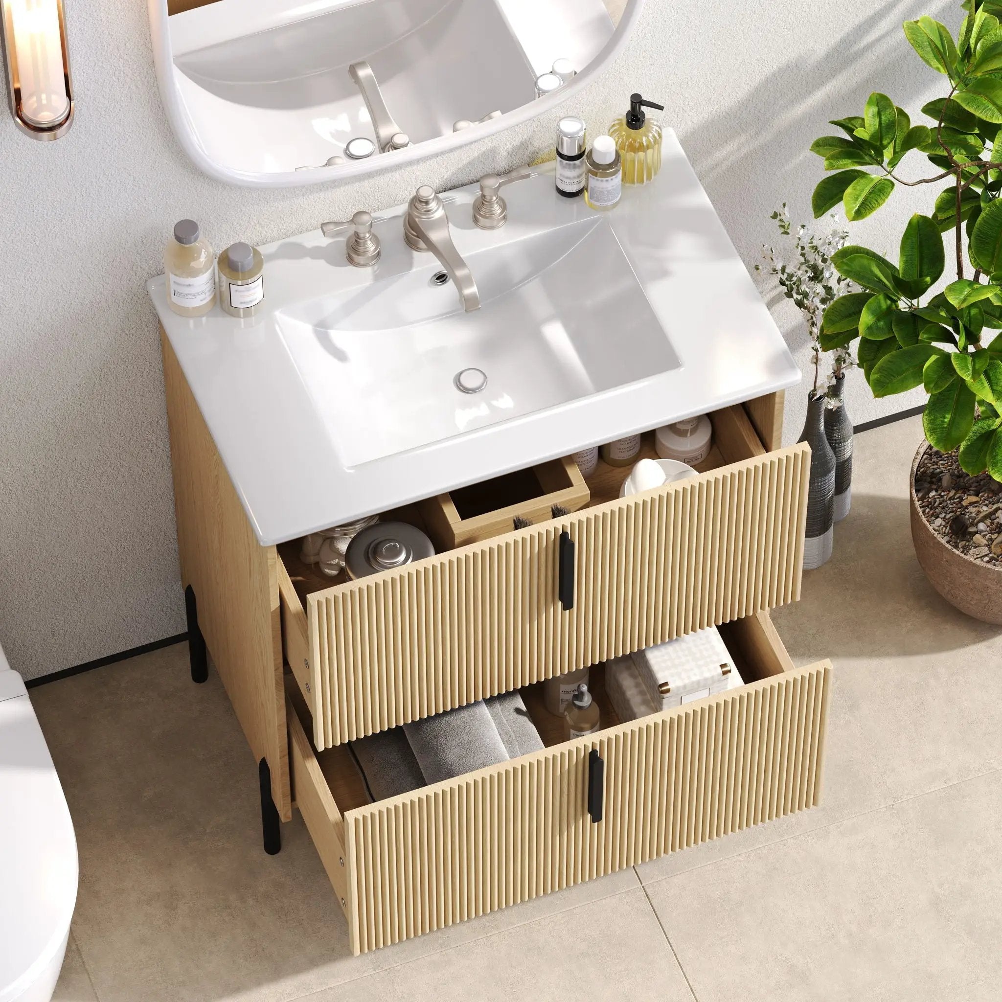 Bathroom Vanity With Ceramic Sink, Fluted Design by HouseOfZazla