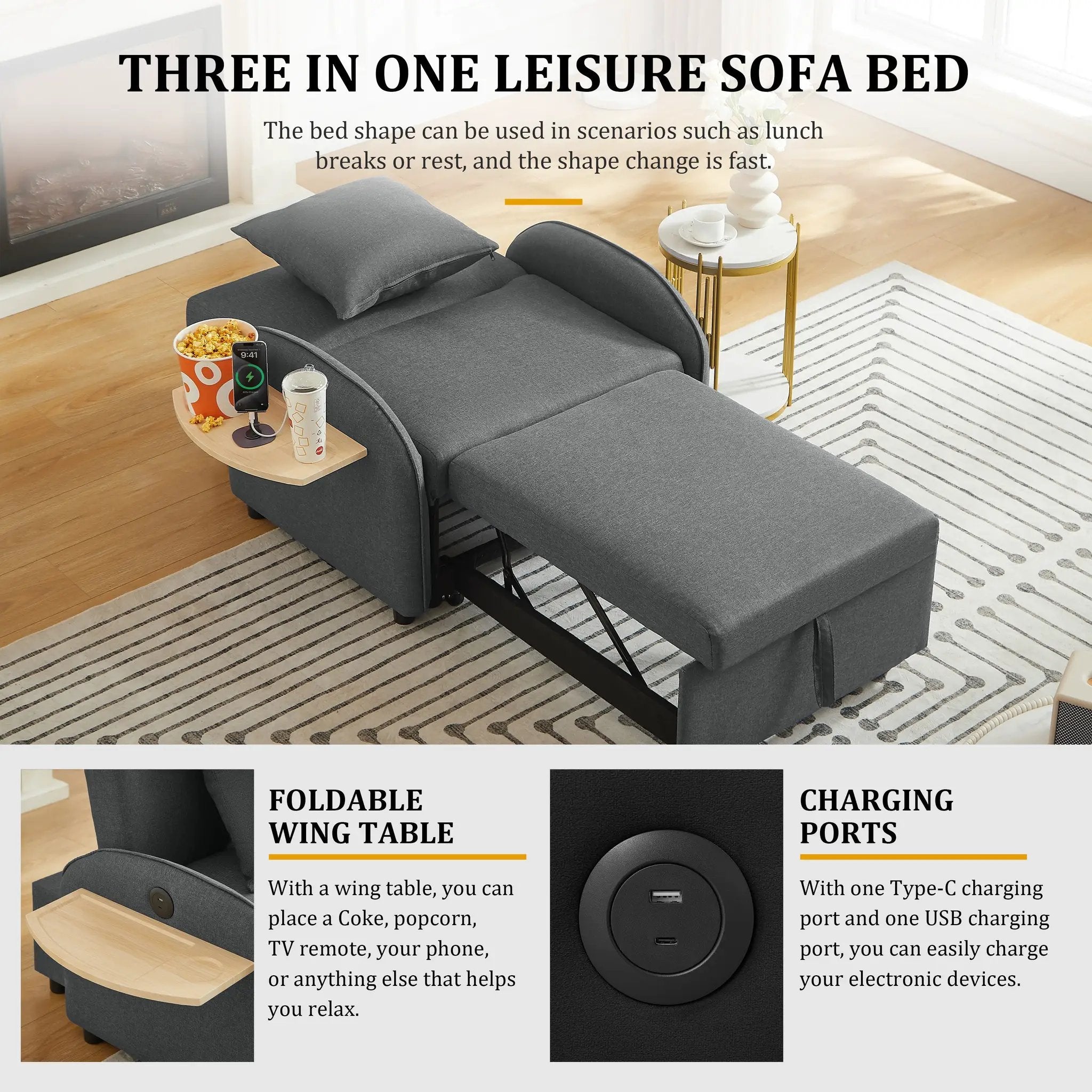 Sleeper Sofa Chair Bed, 3-In-1 Convertible with Adjustable Backrest & Foldable Table by HouseOfZazla