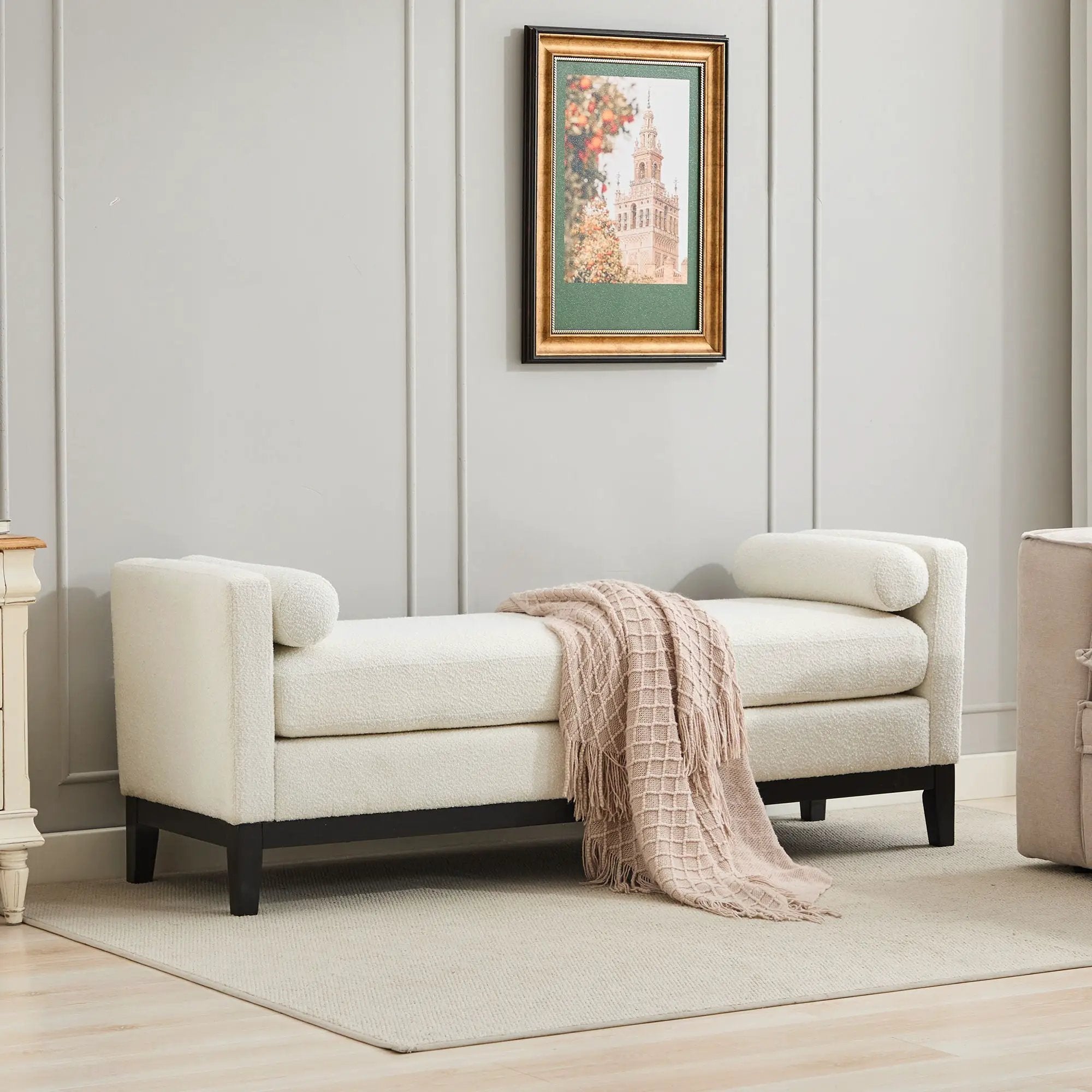 Elegant Upholstered Bench, Daybed, Ottoman With Wood Legs & Bolster Pillows - Ivory Boucle by Unique Piece Furniture