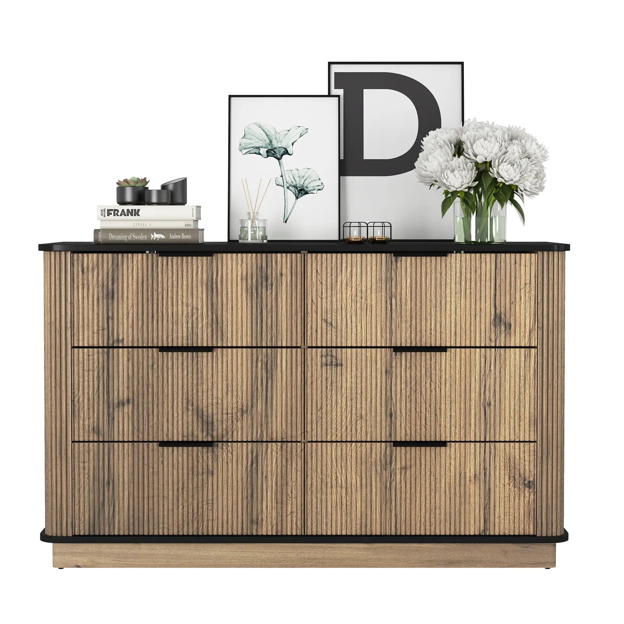 Modern 6 Drawer Cabinet With Metal Rounded Corners And Exquisite Handles Multi Functional Storage - Natural Wood by HouseOfZazla