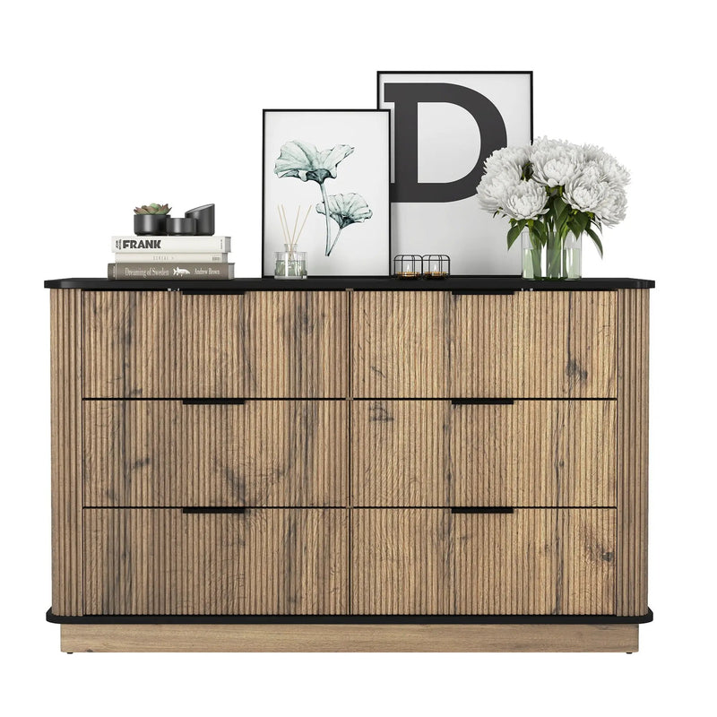 Modern 6 Drawer Cabinet With Metal Rounded Corners And Exquisite Handles Multi Functional Storage - Natural Wood by HouseOfZazla