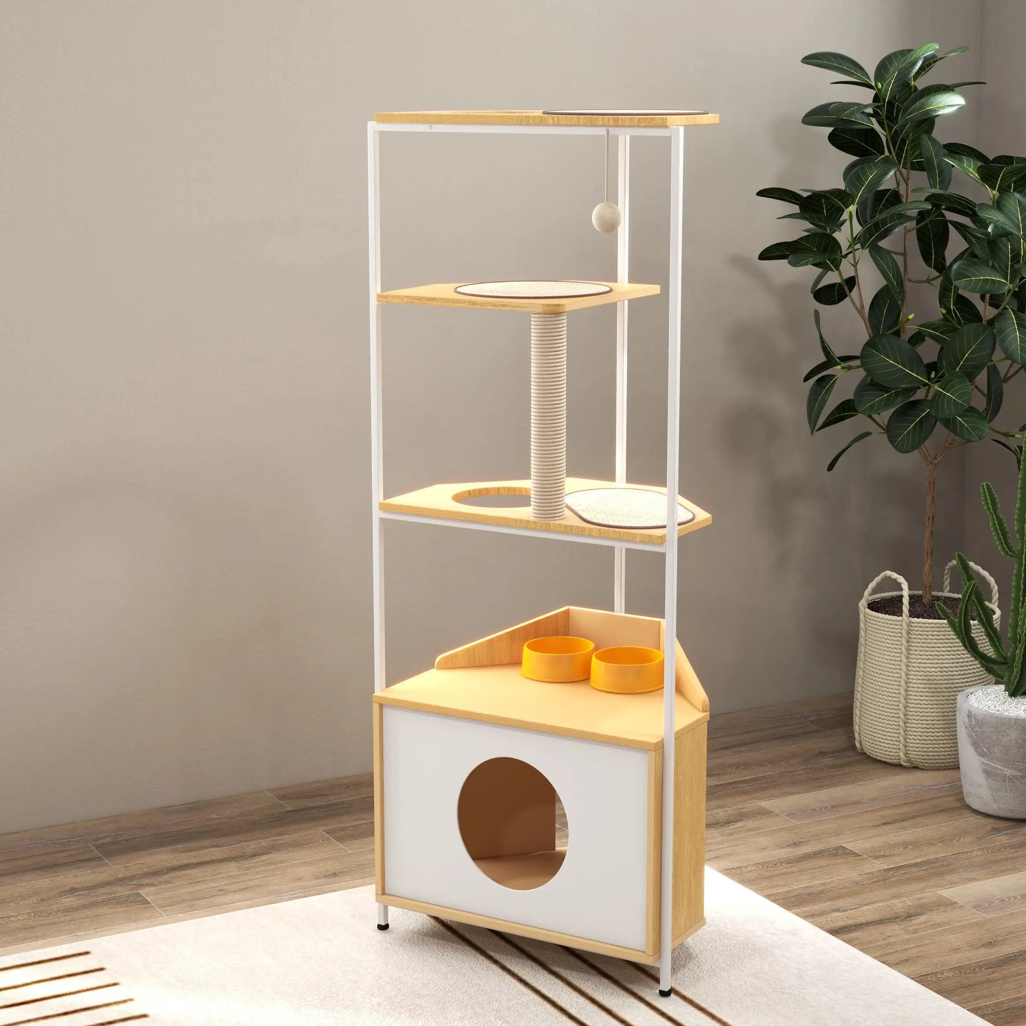 Corner Cat Tower, Cat Tree With Scratching Post, Cat Condo With Feeding Station And Climbing Platforms, Pet Furniture For Indoor Cats - White / Light Oak by HouseOfZazla