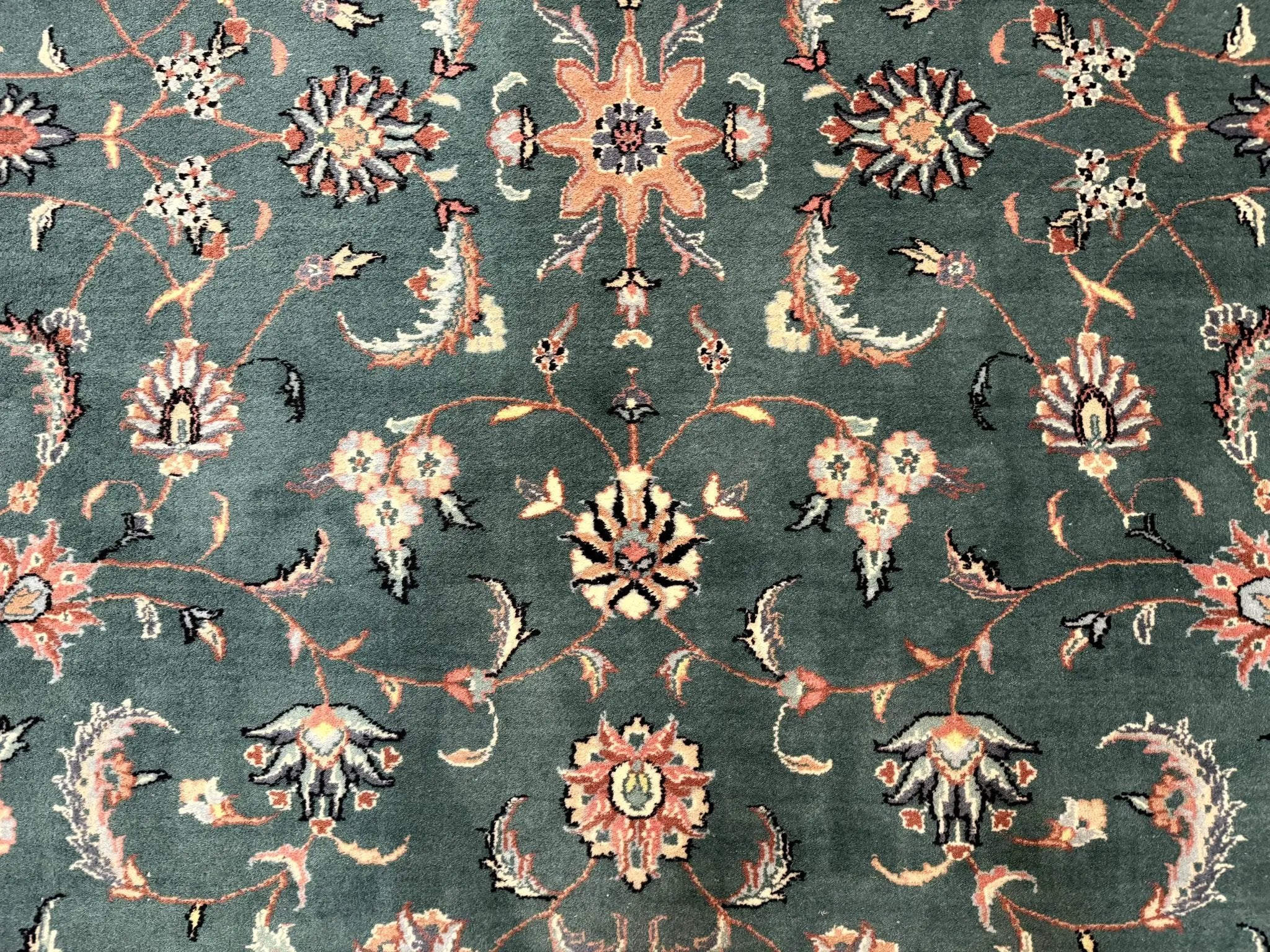 Indo Persian Rug 8x10, Green and Beige Oriental Carpet, Traditional Wool Area Rug, Floral Allover Pattern by Jewel Rugs
