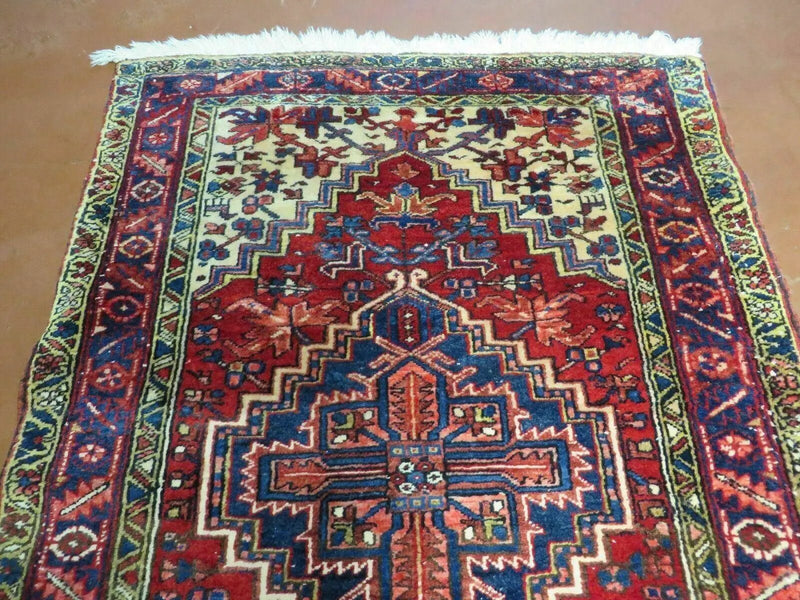 Persian Runner Rug, Heriz Runner Rug, Geometric Medallions, Red Cream Navy Blue Wool Hallway Rug 3.9 x 10.8 Antique Oriental Runner Handmade by Jewel Rugs