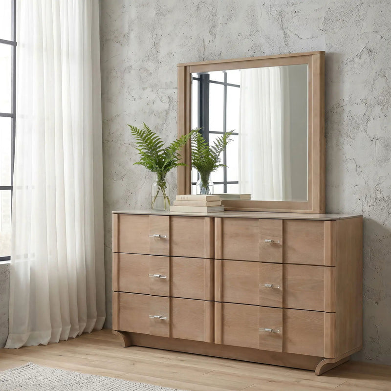 Leanne 6-drawer Sinter Stone Top Dresser and Mirror Light Oak by Unique Piece Furniture