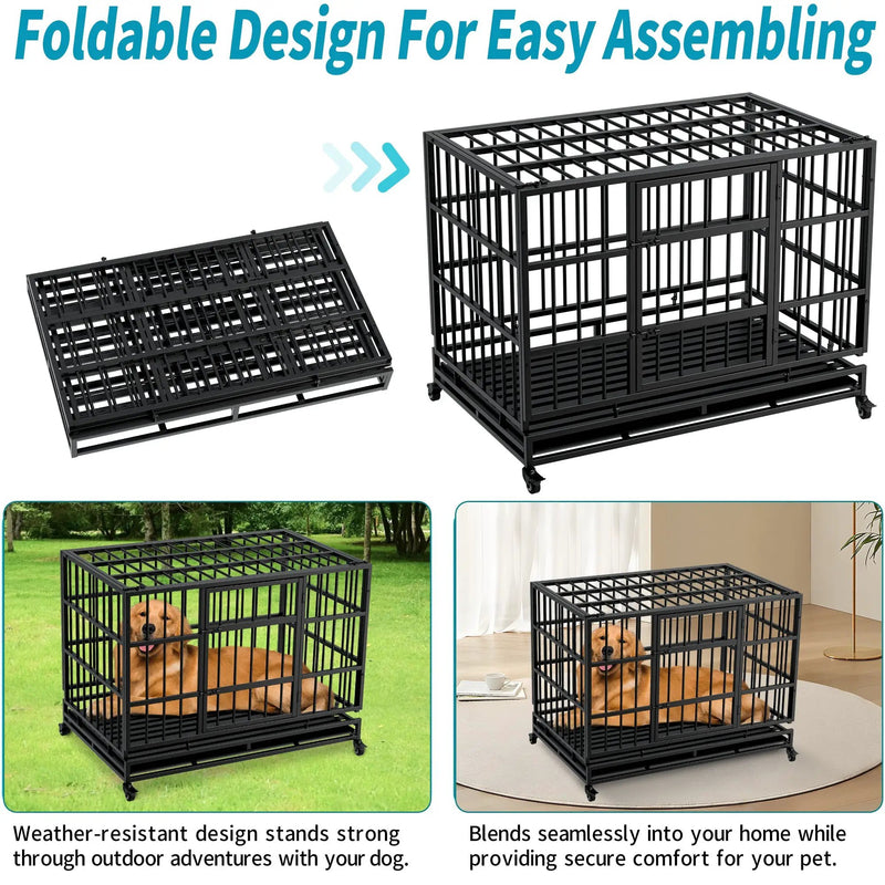 48 Inch Heavy Duty Indestructible Dog Crate with Wheels by HouseOfZazla