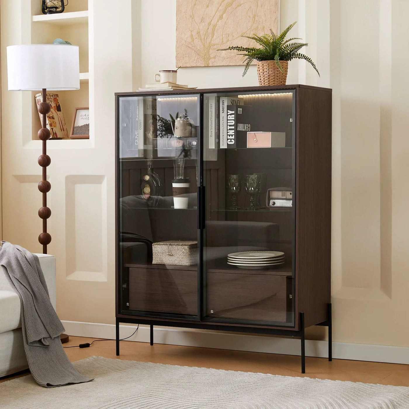 Modern Minimalist Style LED Curio Cabinet With Tempered Glass Door, Metal Legs by HouseOfZazla