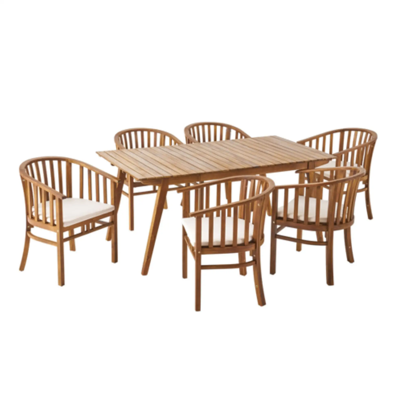 Outdoor 6 Seater Acacia Wood Dining Set with Cushions in Teak Finish and Cream Color by HouseOfZazla
