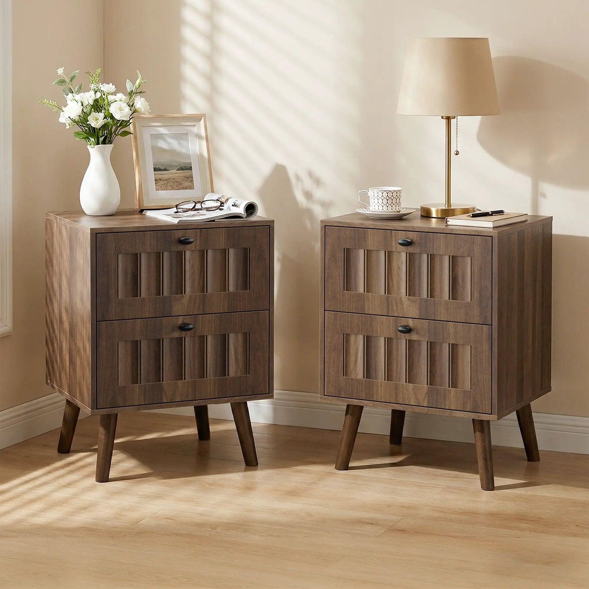 Double Drawer Bedside Table (Set of 2) - Walnut by Unique Piece Furniture
