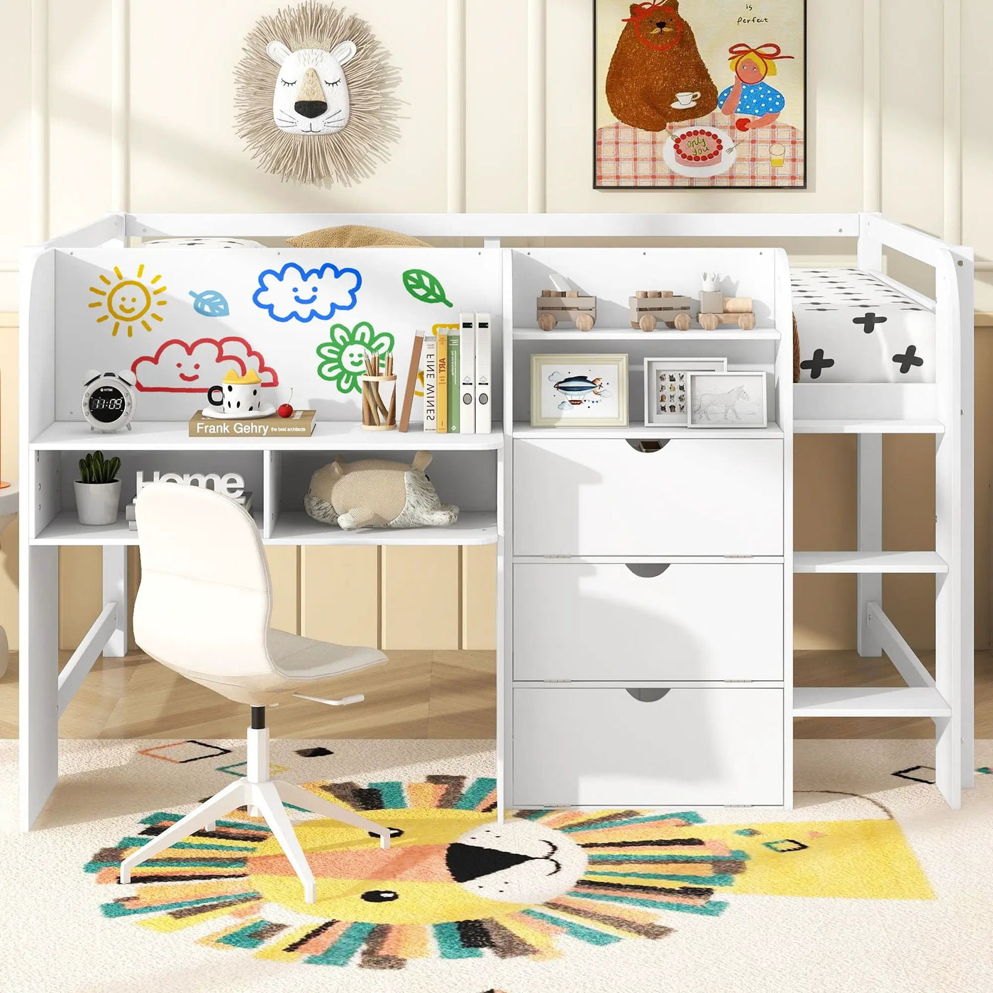 Low Loft Bed With Built In Desk, Storage Cabinets, Open Bookcase And Doodle board by HouseOfZazla