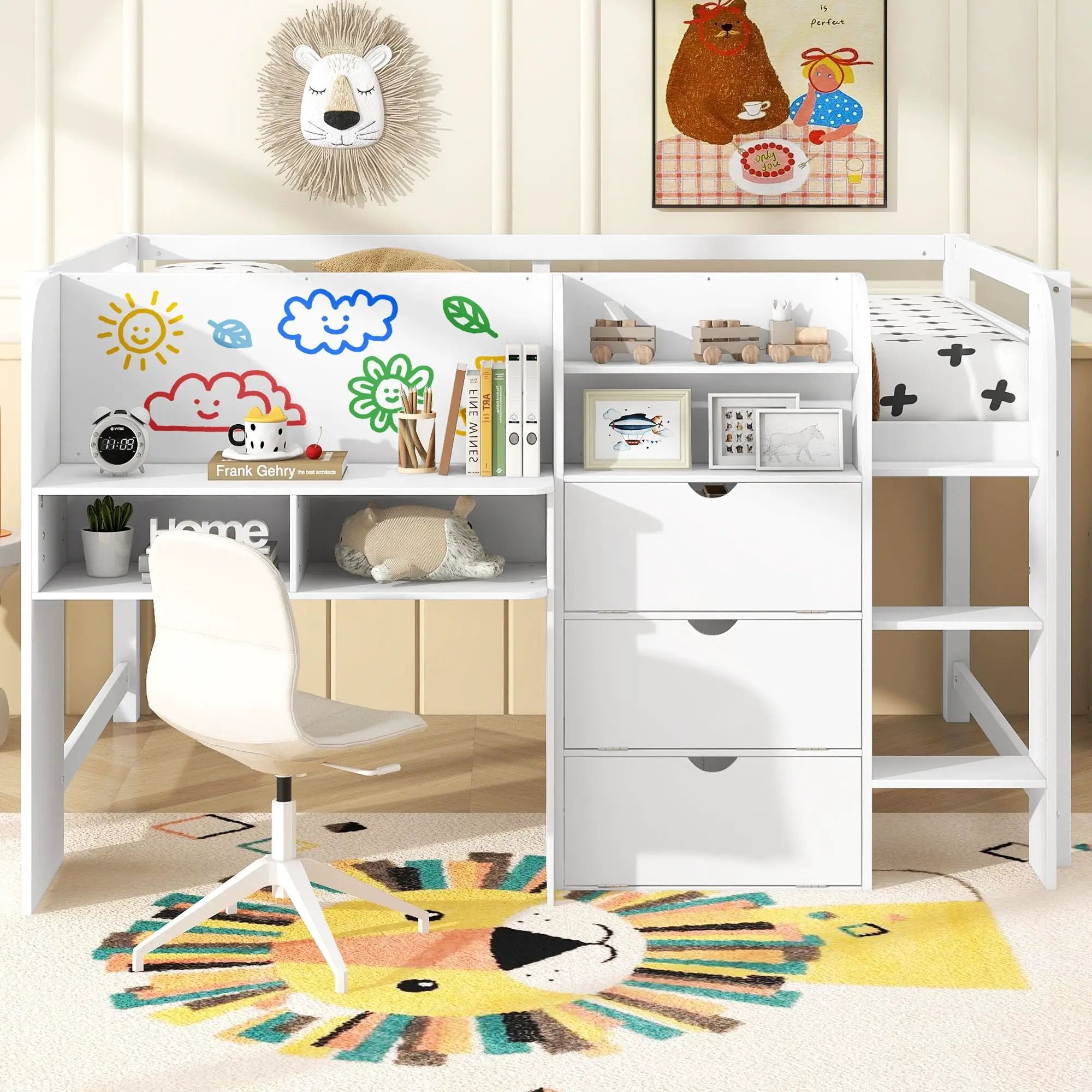 Low Loft Bed With Built In Desk, Storage Cabinets, Open Bookcase And Doodle board by Unique Piece Furniture