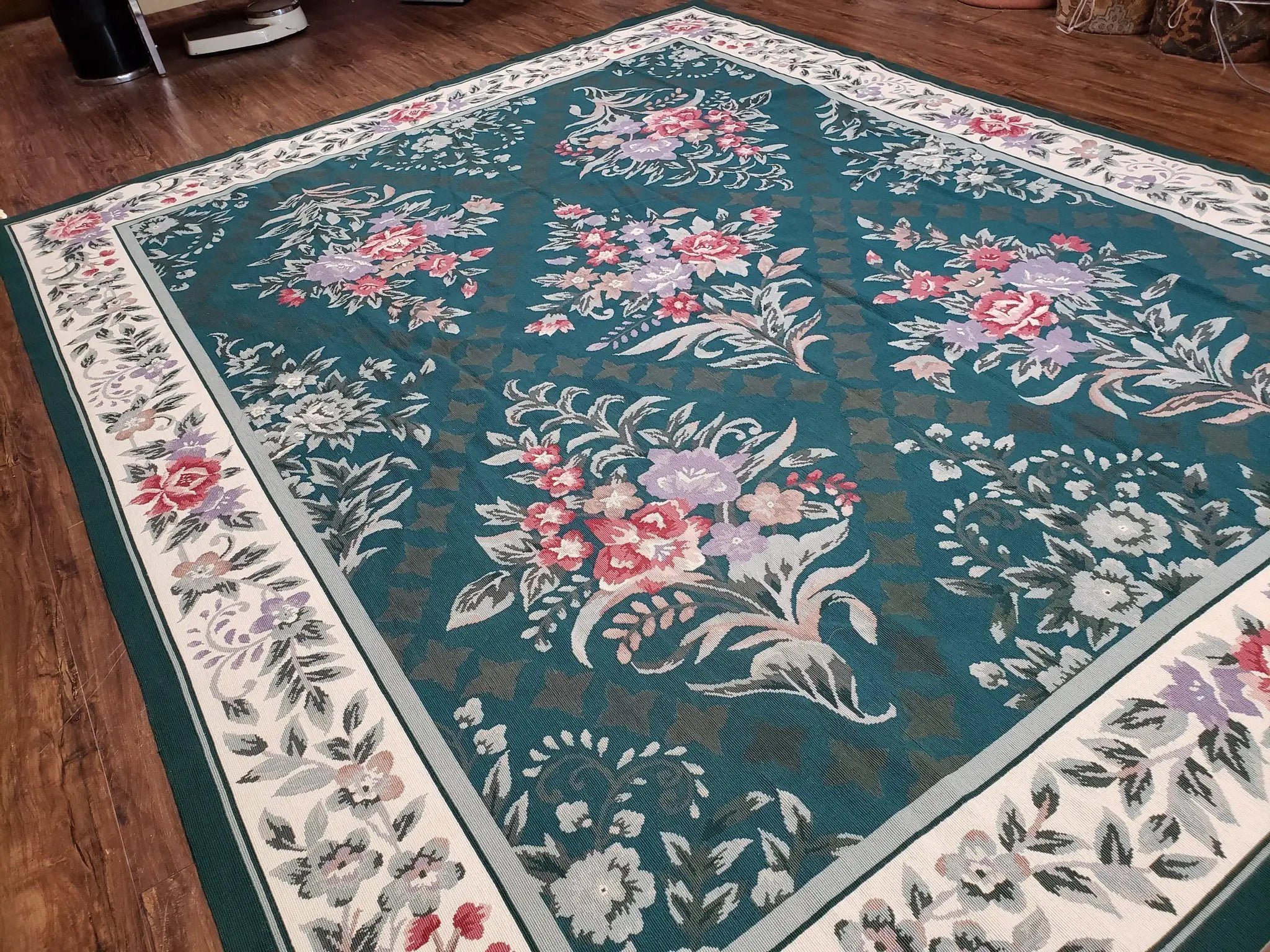 Chinese Needlepoint Rug 8x10, Vintage Green Area Rug, Hand-Woven Flatweave Floral European Design Carpet Wool Handmade 8x 10 Living Room Rug by Jewel Rugs