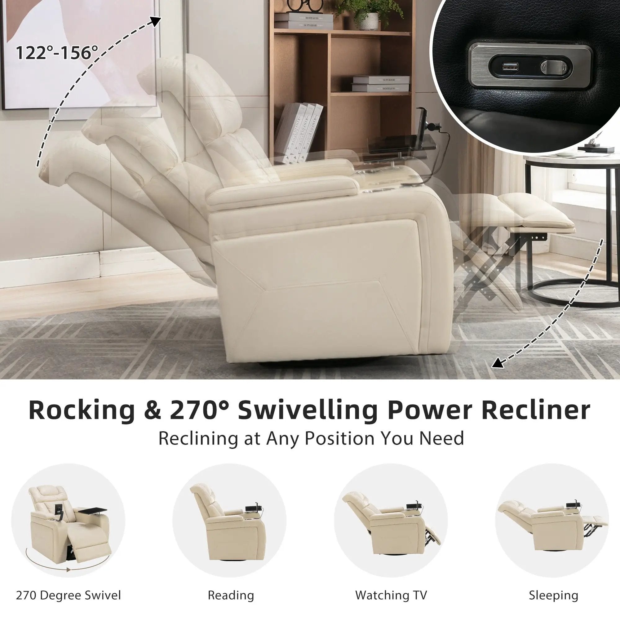 270 Degree Swivel Power Recliner With Tray Table, Phone Holder, Cup Holder, USB Port by HouseOfZazla