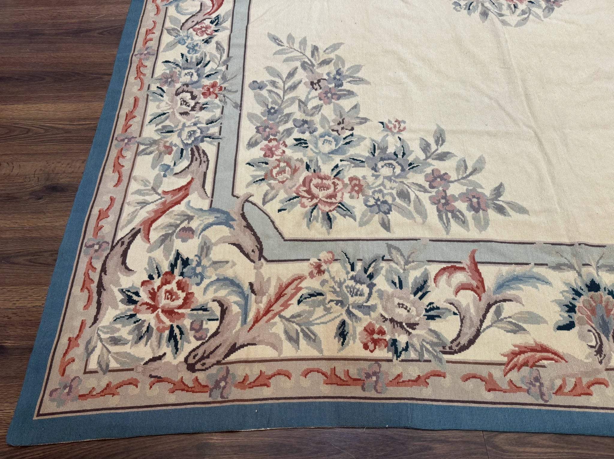 Ivory Needlepoint Rug 8x10, Wool Handmade Carpet by Jewel Rugs
