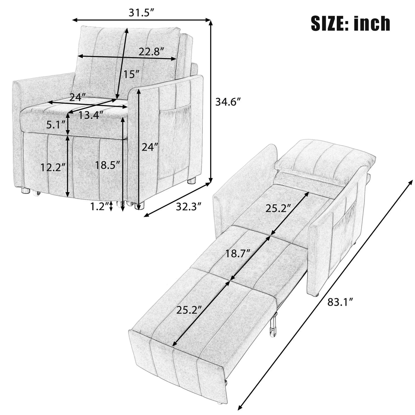 Upholstered Convertible Sleeper Sofa With 5 Position Backrest, Side Pockets, Storage by Unique Piece Furniture