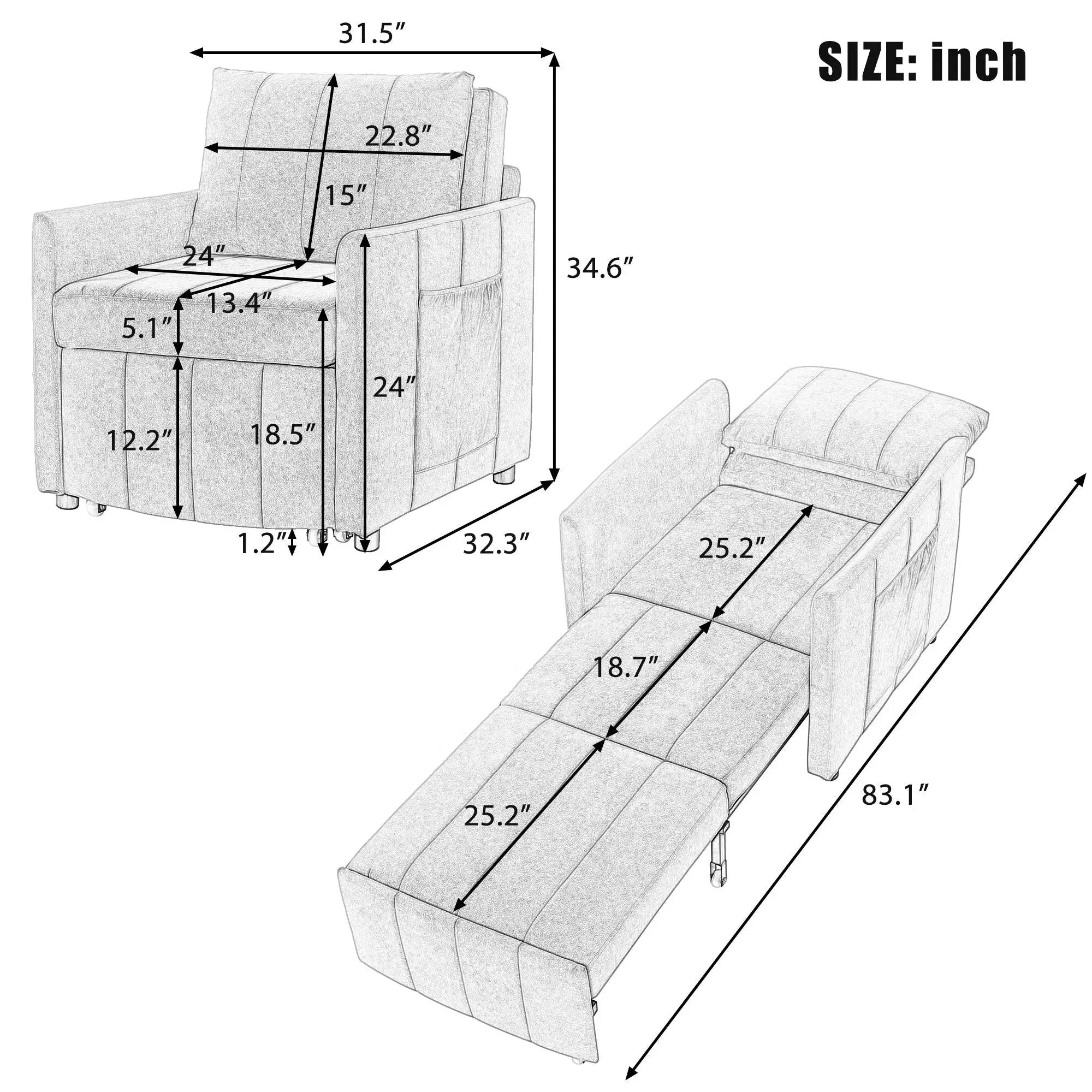 Upholstered Convertible Sleeper Sofa With 5 Position Backrest, Side Pockets, Storage by Unique Piece Furniture