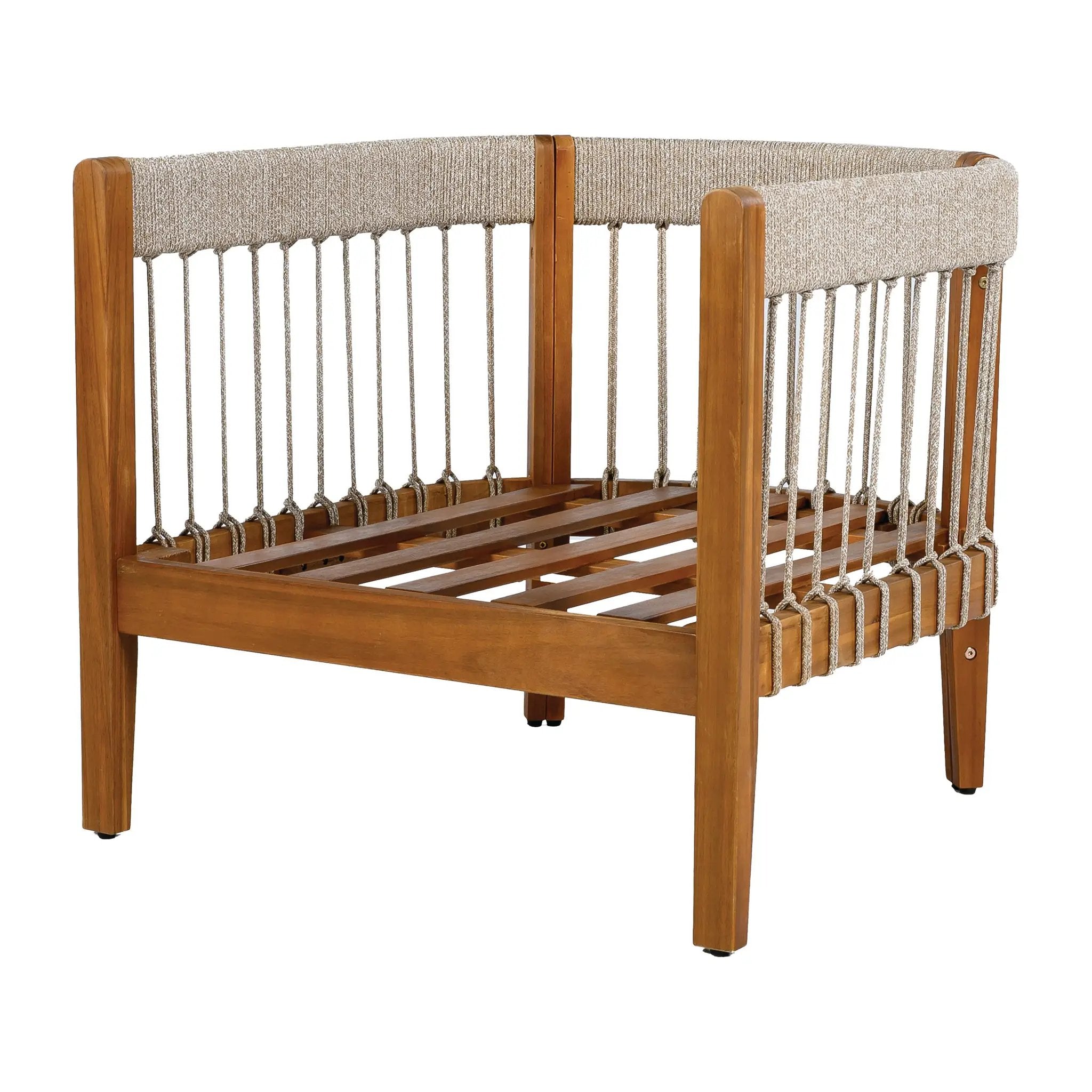 Acacia Wood Outdoor Club Chair with Handwoven Rope Accents & Curved Backrest by HouseOfZazla