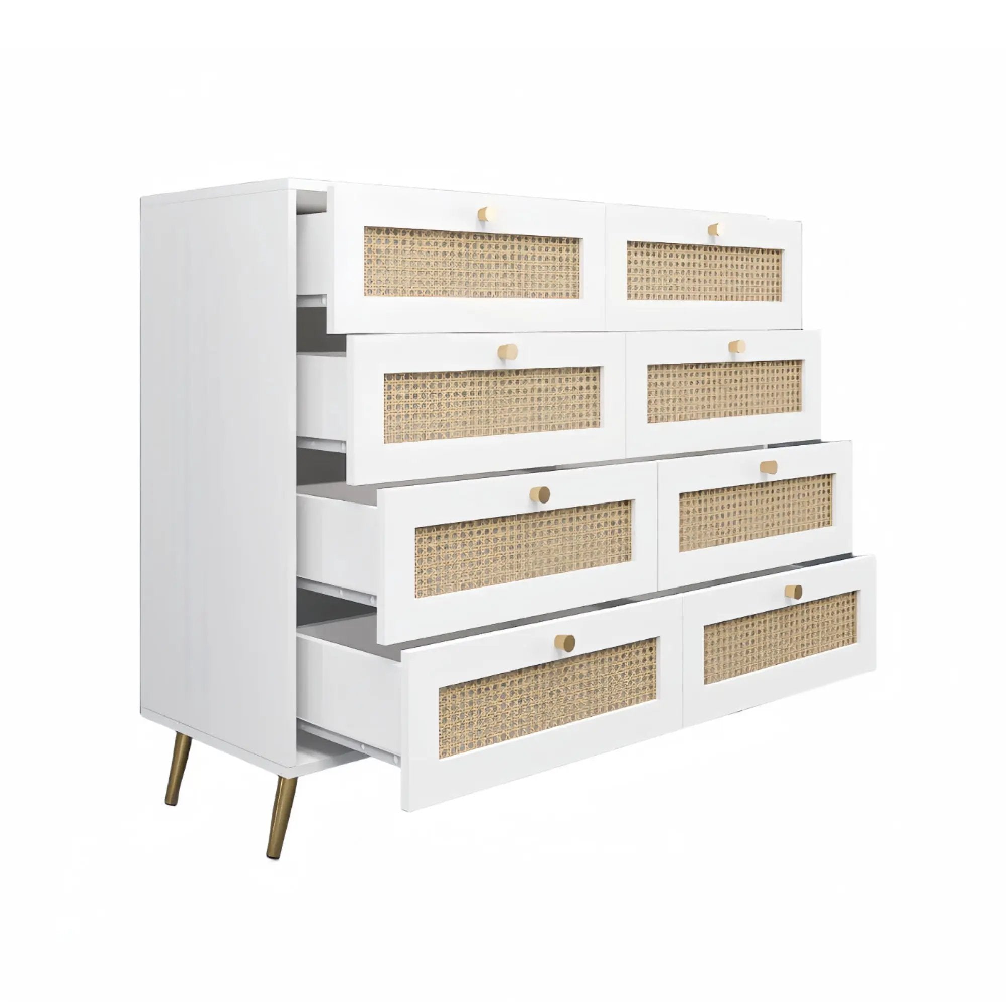 8 Drawers Chest Of Drawers With Rattan Drawer Face Golden Legs And Handles - White by Unique Piece Furniture