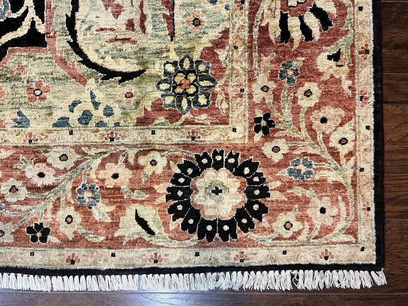 Pak Persian Rug 8x10, Pakistani Mahal Sultanabad Carpet, Signature from Master Weaver, Shiny Wool, Black Red Vintage Handmade Medallion Rug by Jewel Rugs