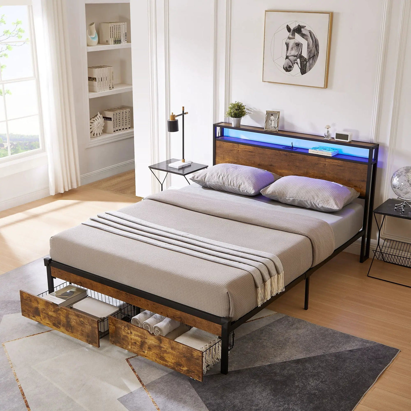 Modern Metal Platform Bed Frame With Wooden Headboard And Footboard, USB Charging Station, LED Lights, 2 Drawers by HouseOfZazla
