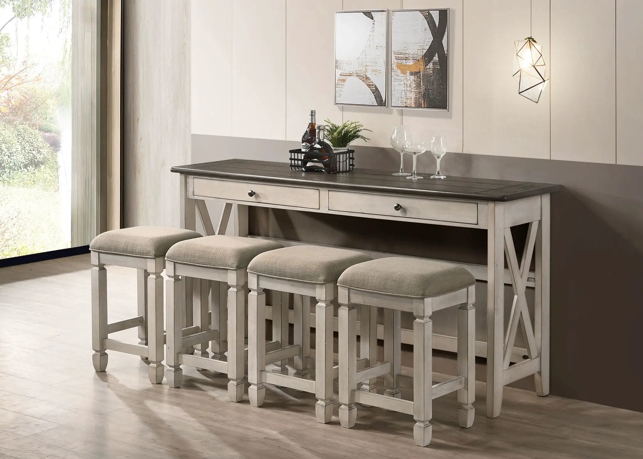Console Table With 4 Stools - Antique White by Unique Piece Furniture