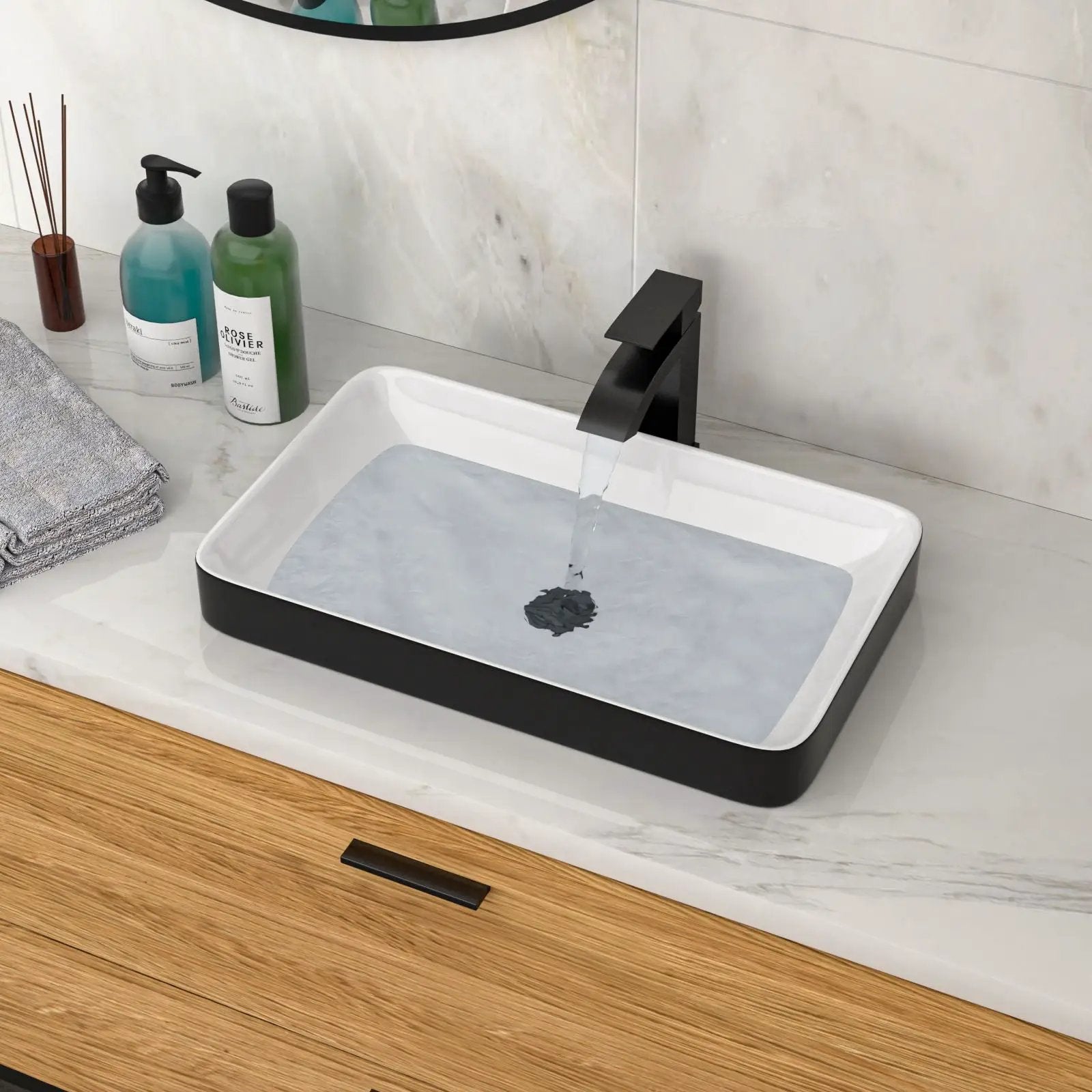 Semi Recessed Bathroom Sink With Vessel Design, Durable Glazed - White / Black by HouseOfZazla