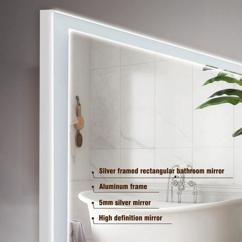 Modern LED Bathroom Vanity Mirror With Aluminum Frame, 45° Beveled Lights, Anti Fog - Silver by Unique Piece Furniture