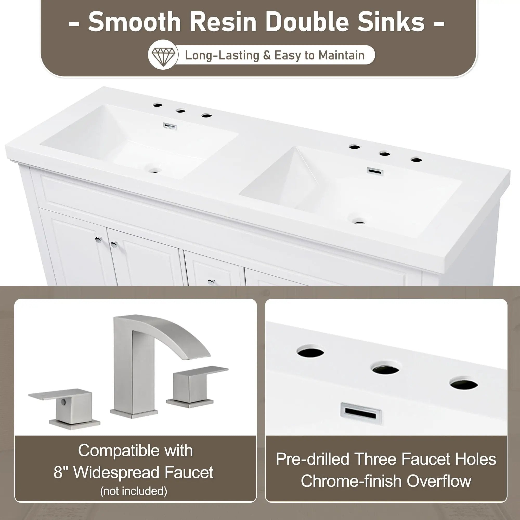 Vanity Top With Undermount Rectangular Double Sinks, Faucet Holes - White by HouseOfZazla