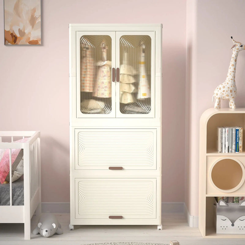 Portable Wardrobe Closet Storage Organizer With Magnetic Doors And Hanging Rod - Cream White by Unique Piece Furniture
