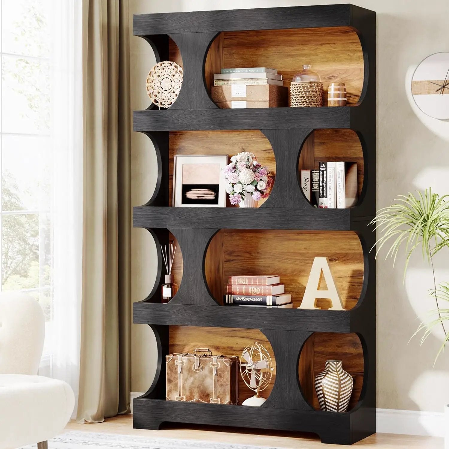 4 Tier S-Shaped Freestanding Storage Shelf For Living Room - Black / Brown by HouseOfZazla