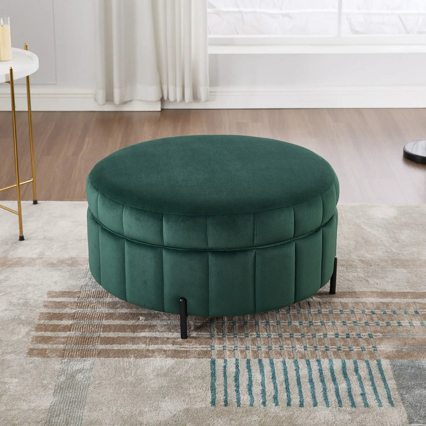 Upholstered Round Ottoman With Reversible Lid, Channel Tufted Pumpkin Shape by HouseOfZazla