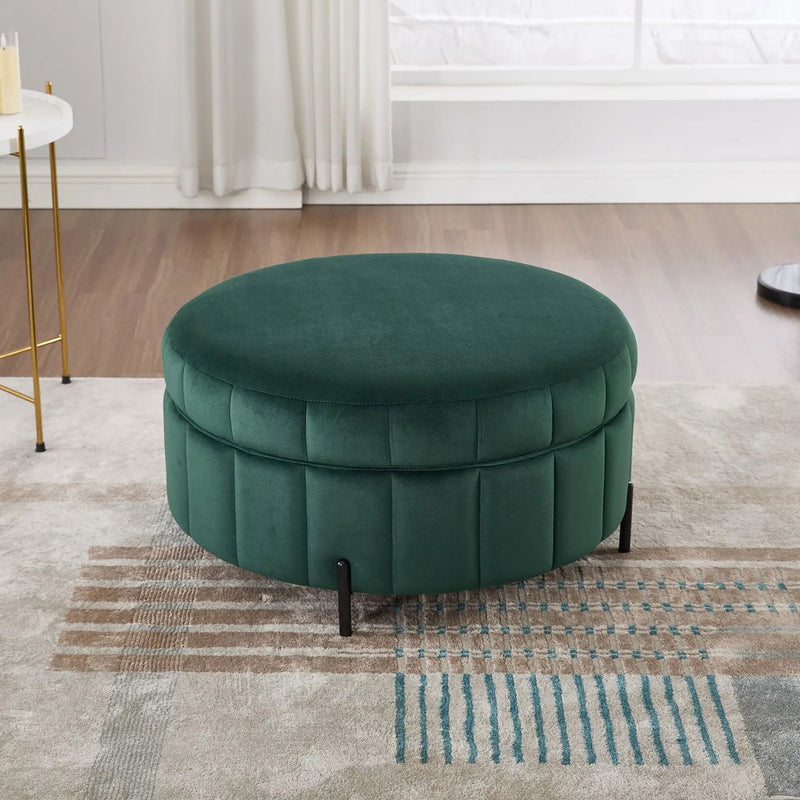 Upholstered Round Ottoman With Reversible Lid, Channel Tufted Pumpkin Shape by Unique Piece Furniture
