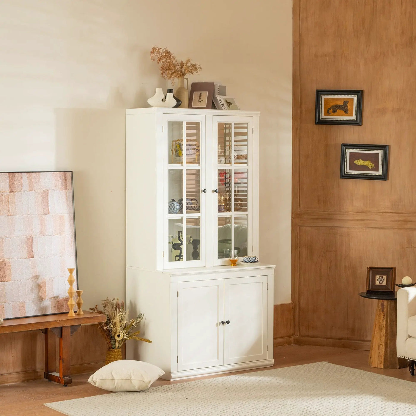Retro Style Hutch Cabinet With Glass Door, China Cabinet For Home by Unique Piece Furniture
