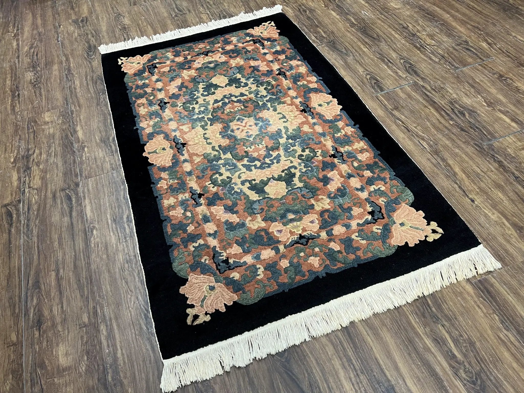 Chinese Art Deco Rug 3x5, Black and Beige Chinese Carpet 3 x 5, Vintage Rug, 1950s Rug, Floral Rug, Handmade Rug, Art Deco Rug, Wool Rug by Jewel Rugs