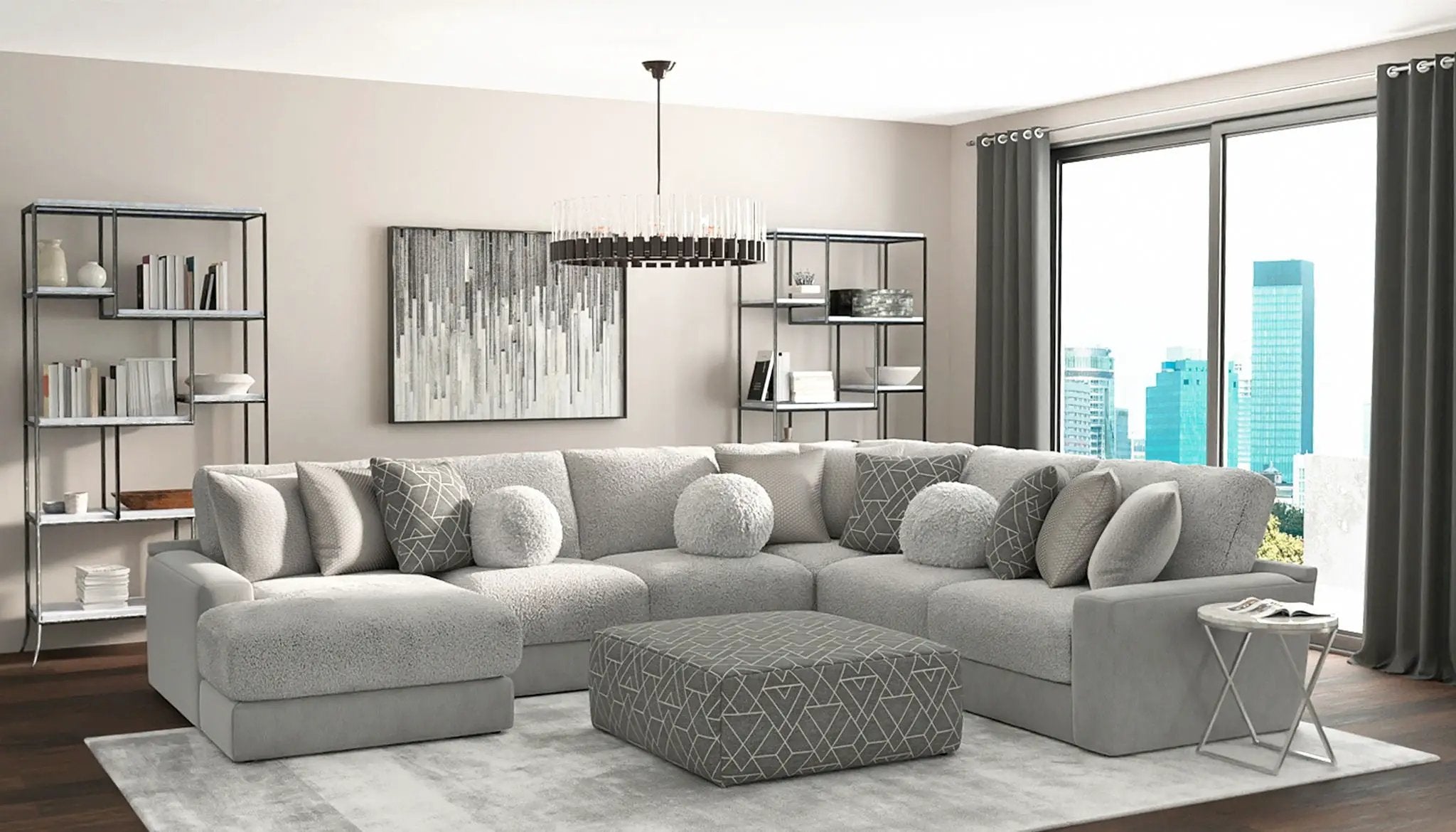 Canyon - 4 Piece Sectional With Cuddler Seat Cushions, Included Accent Pillows And Cocktail Ottoman (Left Side Facing Chaise) - Platinum by Unique Piece Furniture