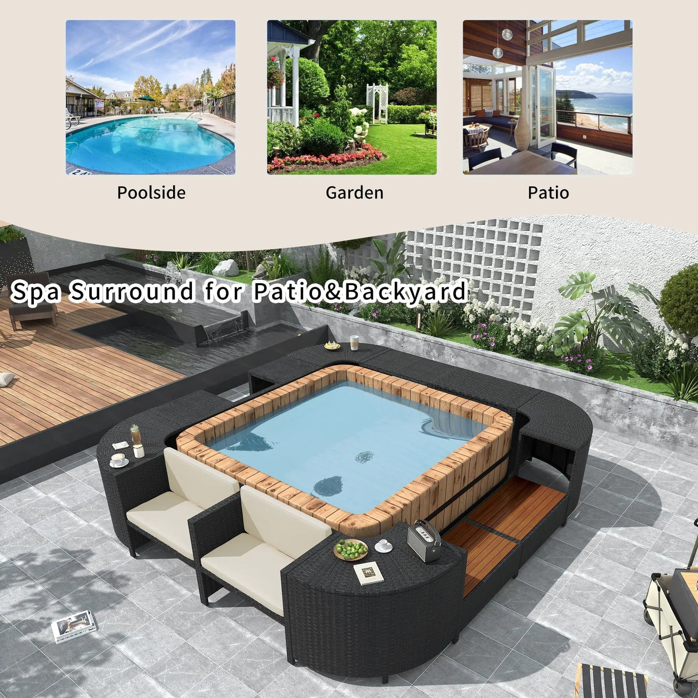 Spa Surround Spa Frame Quadrilateral Outdoor Rattan Sectional Sofa Set With Mini Sofa, Wooden Seats And Storage Spaces by Unique Piece Furniture