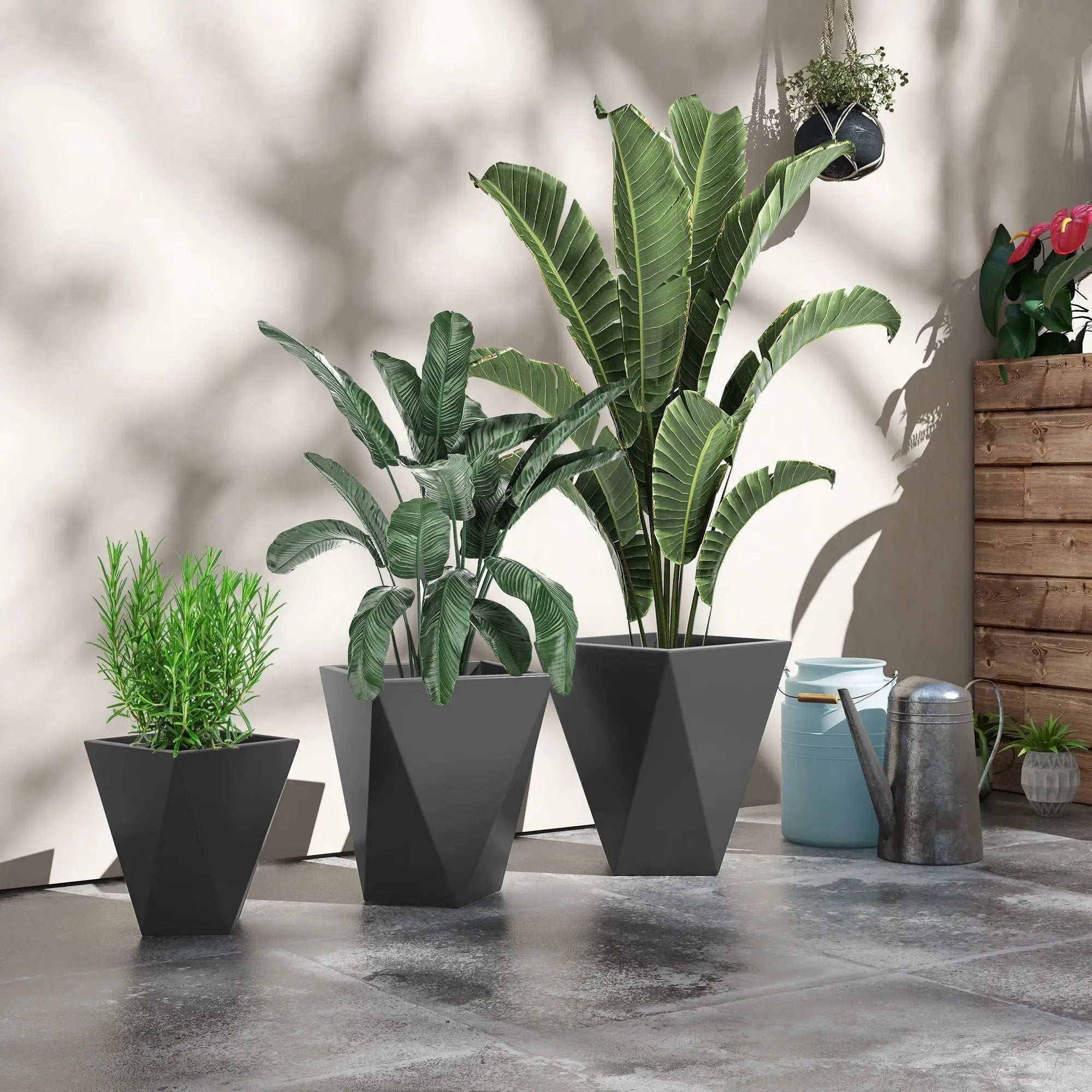 Outsunny - 18", 15.25", 11.75" Tall Planters (Set of 3), Indoor Outdoor Planters With Drainage Holes, Stackable Flower Pots For Garden, Patio, Balcony, Front Door - Gray by Unique Piece Furniture